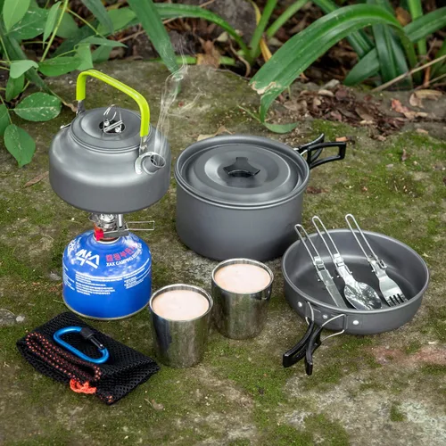 Miniatura 9 de Odoland Kit de utensilios de cocina para camping, olla ligera con 2 tazas, kit de cuchara de tenedor de acero inoxidable, gris para mochileros