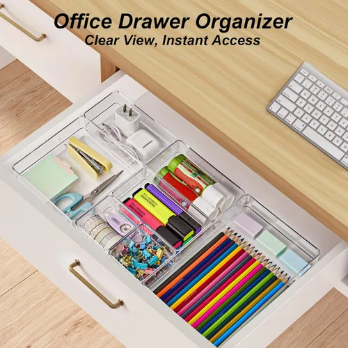 Miniatura 4 de SMARTAKE Organizador de cajones de 7 piezas con almohadillas de silicona antideslizantes, bandeja organizadora de cajones de escritorio de 4