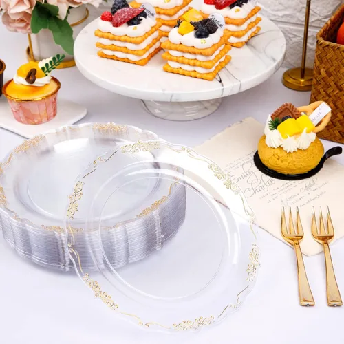 Miniatura 7 de LIYH 200 Piezas Platos de Postre de Plástico Transparente Dorado 7.5" y Tenedores para Pastel 5" - Platos de Plástico Pequeños Transparentes