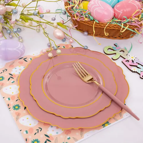 Miniatura 4 de NERVURE - 102 platos de plástico dorados, diseño de cristal transparente, desechables, para fiestas de boda; incluye 51 platos de plástico para cena