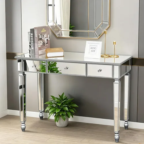 Miniatura 15 de Henf Escritorio de tocador con espejo para dormitorio, mesa de tocador de maquillaje, mesa de sofá con 2 cajones de diamantes sintéticos, moderno
