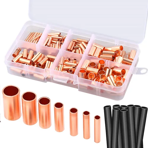 Kit de 250 casquillos de alambre de 7 tamaños, conector de crimpado de cobre, no aislado, kit surtido de terminales eléctricos a tope con tubo