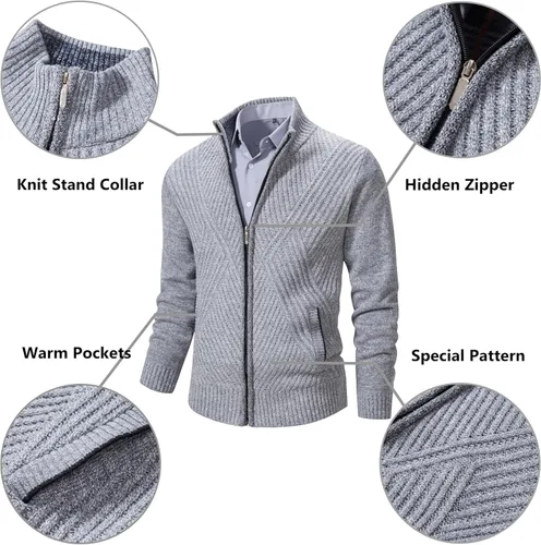 Miniatura 26 de VtuAOL Suéteres tipo cárdigan para hombre, con cremallera completa, cuello alto, cárdigan de punto casual con bolsillos