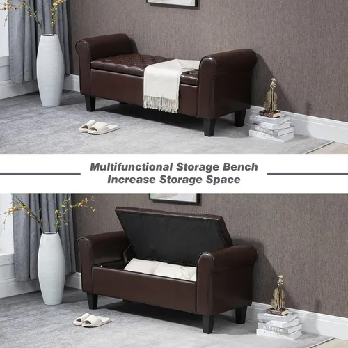 Miniatura 6 de ECOTOUGE Banco de almacenamiento armado, reposapiés tapizado de cuero con tapa con bisagras para el extremo de la cama del dormitorio, modelo Marrón