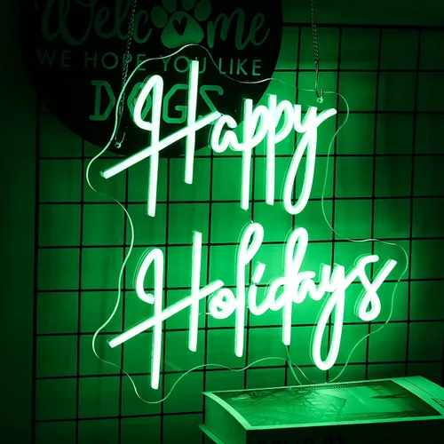 Miniatura 2 de Letrero de neón con texto en inglés "Happy Holidays", regulable, luz de neón LED verde, alimentada por USB, para dormitorio universitario