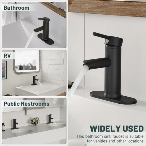Miniatura 6 de Grifo mando de una sola pieza para fregadero de baño con desagüe desplegable sin desbordamiento Negro