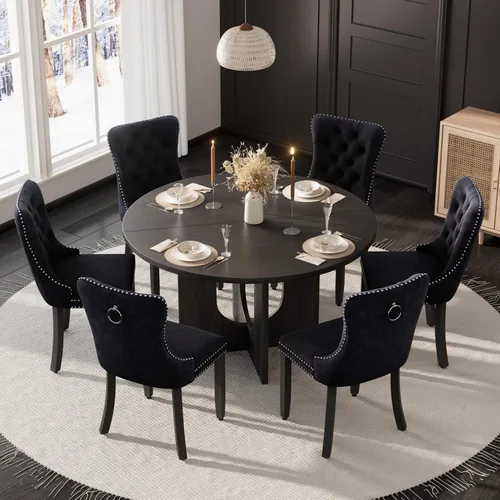 Miniatura 28 de Mesa de comedor redonda de 47 pulgadas para juego de mesa de cocina rústica de 6,7 piezas, mesa de comedor de granja, sillas negras de alta gama