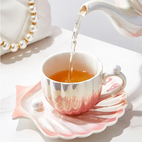 Miniatura 2 de Taza y platillo Pearl Shell – Taza de café de cerámica degradada de 8 onzas, té vintage, capuchino, arte con leche para regalo de cumpleaños