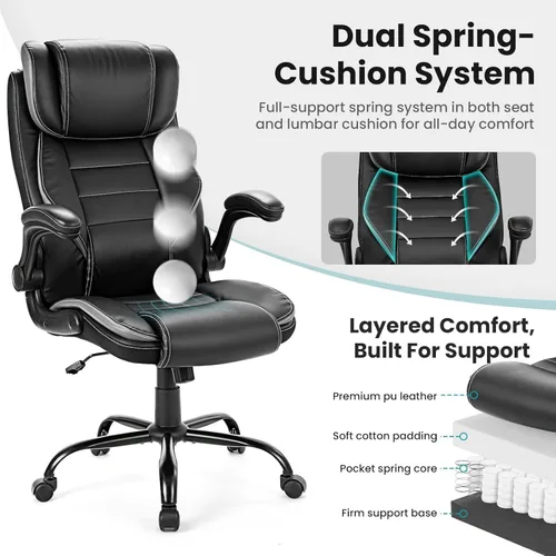 Miniatura 4 de Silla de oficina ergonómica con soporte lumbar de resorte de bolsillo, silla de cuero ejecutiva, respaldo alto, reposacabezas ajustable, brazos