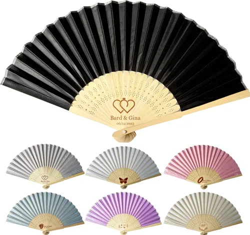Miniatura 7 de Abanicos de mano personalizados a granel ventiladores de seda personalizados con grabado en el mango, regalos de fiesta, abanicos plegables vienen