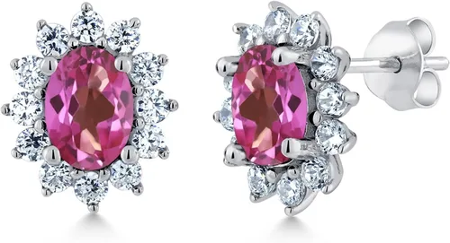 Miniatura 37 de Gem Stone King Aretes ovalados de plata de ley 925 de 0.276 x 0.197 in con piedra natal de la princesa Diana, estilo halo real para mujeres