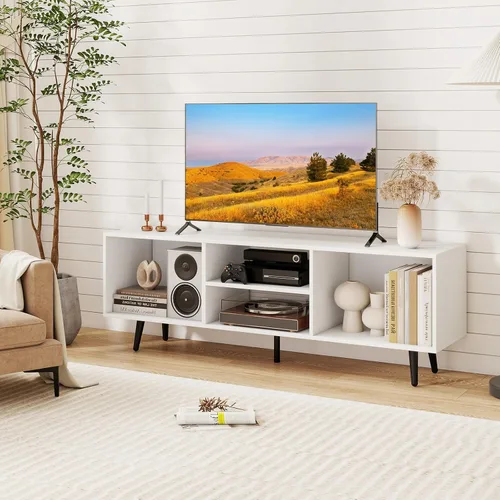 Miniatura 9 de Giantex Moderno soporte de TV para televisores de hasta 55 pulgadas, centro de entretenimiento de TV con almacenamiento, estantes abiertos y 5 patas