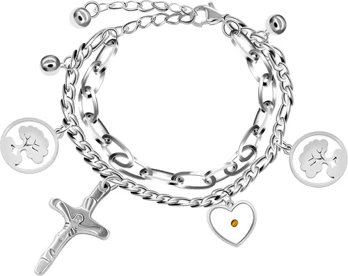 Encantos Jesús Crucifijo Cruz Eslabón Cadena Pulsera Árbol de la Vida Brazaletes, Acero Inoxidable, Semilla de Mostaza Joyería Cristiana ZY077,