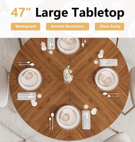 Miniatura 3 de Mesa de comedor redonda de 47 pulgadas para 4, mesa de comedor de cocina de granja con estante de almacenamiento de 2 capas y panel estriado