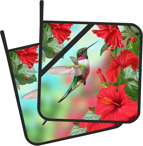 Juego de 2 soportes para ollas, colibrí e hibisco, resistentes al calor, para barbacoa, cocinar, hornear, comida caliente para mujeres y hombres,
