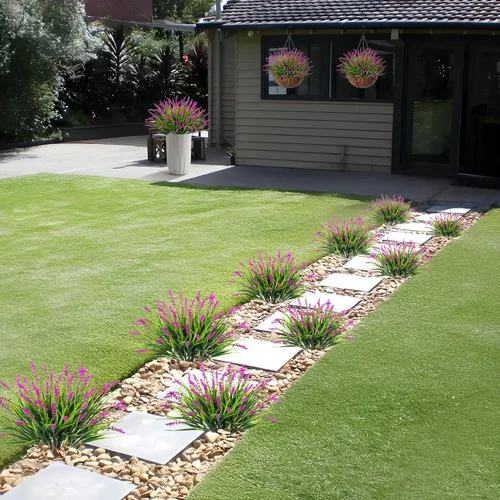 Miniatura 7 de Flores artificiales para decoración al aire libre, 12 paquetes de hierba falsa de mono para el hogar, jardín, porche, balcón, flores de lavanda