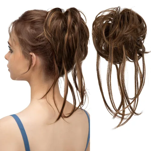 Miniatura 21 de CJL HAIR - Extensión de cabello tipo coletero de chongo desordenado, rizado, sintético, con colas rectas, scrunchies para peinados de moño