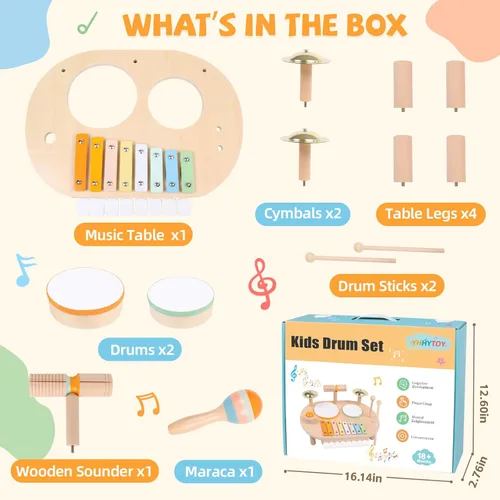 Miniatura 7 de YHHYTOY Juego de batería para bebé, instrumentos musicales de madera para bebés de 1 a 3 años, juego de percusión de mesa de actividades musicales