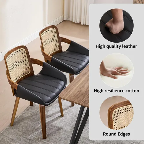 Miniatura 2 de VipDesk Juego de 2 sillas de comedor, sillas de comedor modernas de mediados de siglo con brazos y respaldo de ratán, sillas de cocina de madera