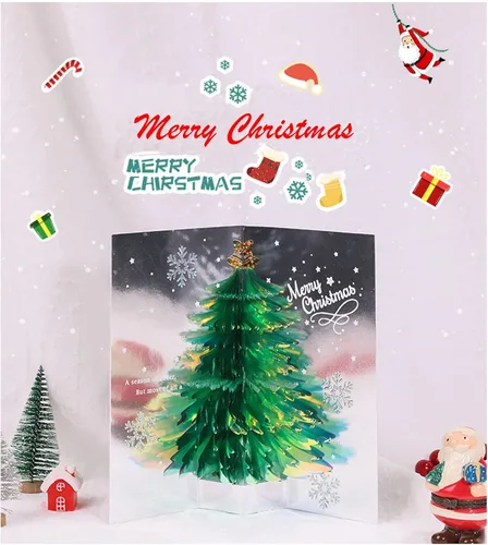 Miniatura 3 de Tarjeta desplegable 3D única de árbol de Navidad, tarjeta de felicitación con purpurina para árbol de Navidad, tarjeta tridimensional de cristal