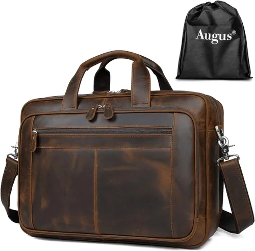 Augus - Maletín de cuero para hombre de 16 pulgadas, bolso de hombro para laptop con correa de equipaje | 100% full-grain leather, YKK zip, fits