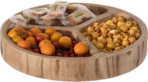 Plato de madera con 3 seccionales, bandeja dividida para servir con acabado negro quemado, tabla de charcutería Lazy Susan para mesa de comedor,