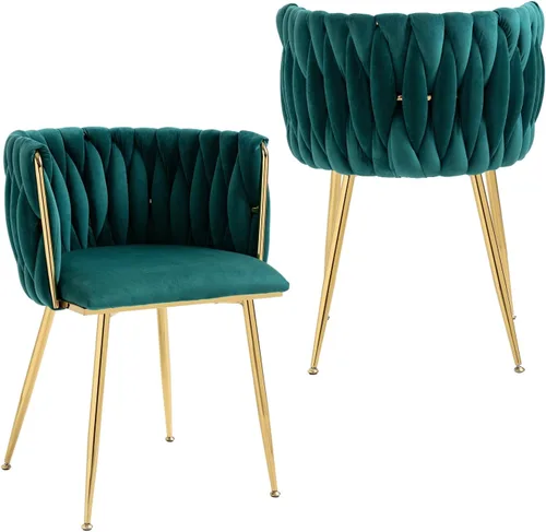 Miniatura 13 de Nrizc Juego de 2 sillas de comedor de terciopelo, sillas de comedor tapizadas tejidas con patas de metal dorado, sillas decorativas modernas