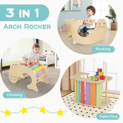 Miniatura 3 de Olakids Arco de escalada para niños pequeños, 3 en 1 de madera para niños, juguete de caballo mecedor escalador, mesa de juego para bebé, Pikler