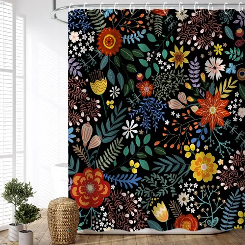 LIVILAN - Juego de cortina bohemia de color negro para ducha/baño de flores coloridas, con 12 ganchos, de 72 pulgadas de ancho x 84 pulgadas de alto