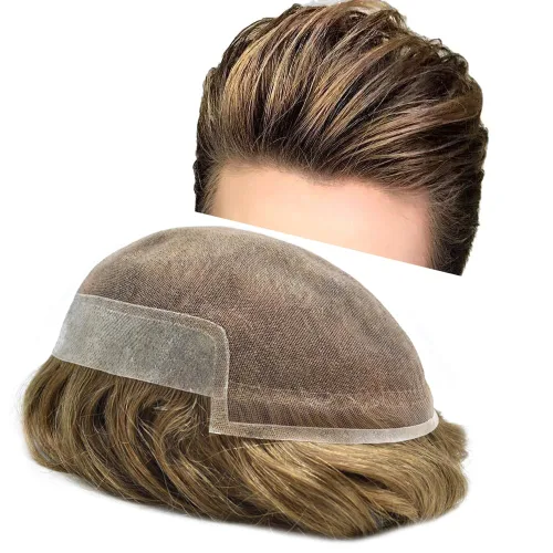 Sistema de repuesto de cabello humano europeo con encaje frontal suizo para hombre, tupé para hombre, pieza de cabello, nudo blanqueado, línea #17