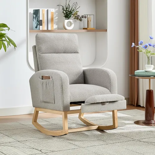 Miniatura 8 de Mecedora para guardería de mamá, mecedoras de poliuretano con reposapiés, respaldo alto y patas de madera y bolsillo lateral para sala de estar