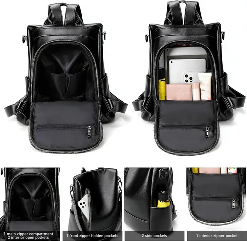 Miniatura 3 de Mochila de moda para mujer, mochila antirrobo de piel sintética, ligera, resistente al agua, color negro