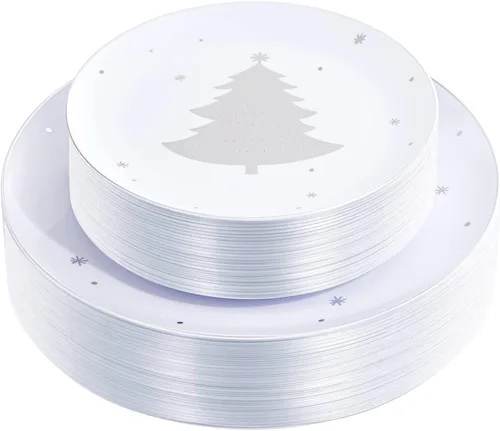 WDF 50 platos de plástico plateados, platos de plástico de Navidad con árbol de Navidad, platos desechables blancos y plateados resistentes para