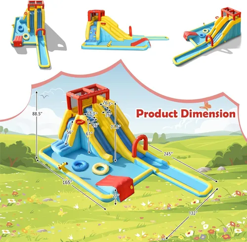 Miniatura 8 de HONEY JOY Tobogán acuático inflable, doble tobogán gigante con parque acuático con escalada, piscina de salpicaduras, toboganes acuáticos inflables