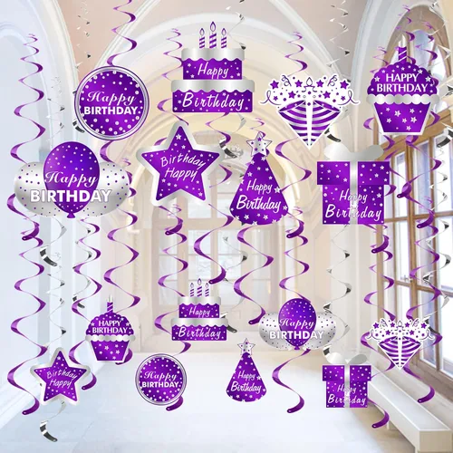 Decoraciones de feliz cumpleaños de color morado y plateado, suministros de fiesta de espirales colgantes, 16 piezas de decoración de feliz