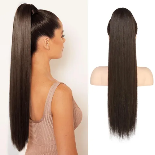 Miniatura 10 de Flufymooz - Extensión de cola de caballo de 26 pulgadas, extensiones de cabello con cordón y clip rectas, cola de caballo falsa natural suave