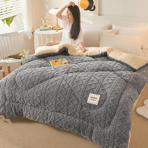 Miniatura 8 de Edredón de felpa de cordero grueso de doble capa, edredón cálido para invierno, edredón jacquard a cuadros de hibisco, manta de cama gruesa