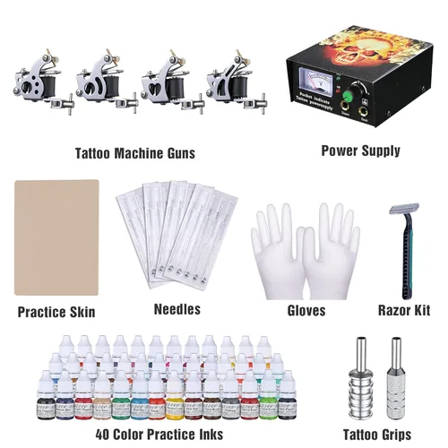 Miniatura 2 de AW Kit de tatuaje completo, 4 máquinas, 40 tintas, fuente de alimentación, pistola de 10 vueltas, interruptor de pie de punta de agarre de aguja