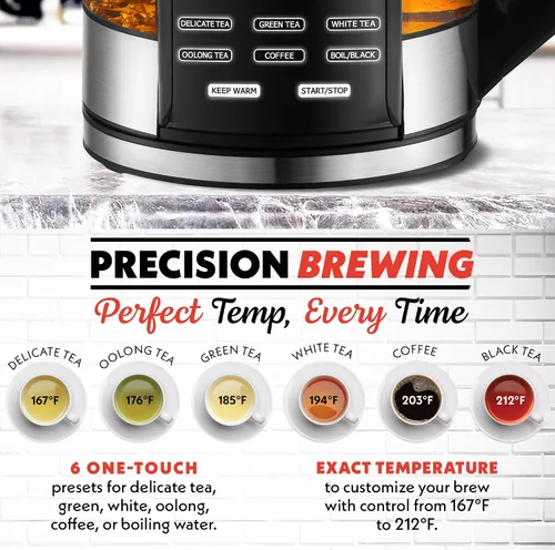 Miniatura 2 de Gourmia Hervidor eléctrico programable de vidrio – 1.7L Control de temperatura para té y café con pantalla táctil digital, 6 ajustes