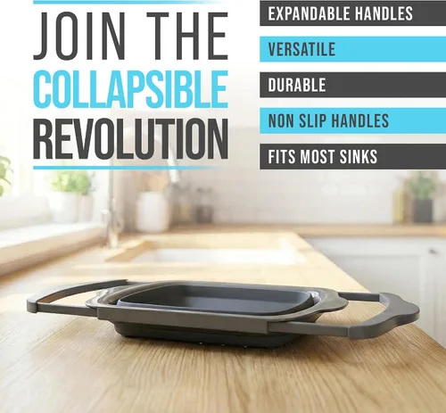 Miniatura 3 de Comfify Colador sobre el fregadero con asas, elegante colador de cocina de plástico negro para pasta, verduras y frutas, diseño que ahorra espacio