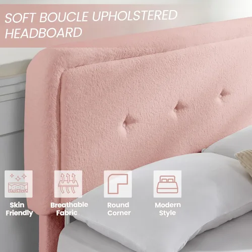 Miniatura 3 de Base de cama de tamaño matrimonial con cabecera ajustable, moderna cama tapizada suave y bonita con tela de bucle, marco de cama para niñas, fácil