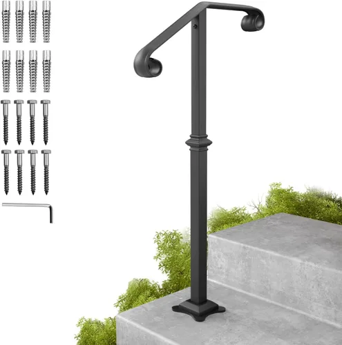 Miniatura 9 de Pasamanos para escalones al aire libre, pasamanos de poste único de 1 a 2 escalones, barandilla de escalera de hierro forjado a prueba de óxido