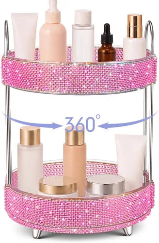 Miniatura 12 de Honeydak - Organizador de perfume giratorio de 360 grados, regalo para mujeres, organizador de cuidado de la piel con diamantes de imitación