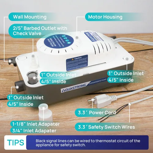 Miniatura 5 de Aquastrong Bomba de condensado HVAC, 115 V/230 V, interruptor de seguridad automático, eliminación de condensado de CA para aire acondicionado, Gris
