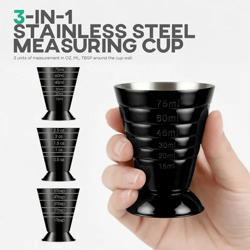 Miniatura 4 de Homestia Taza medidora negra multiunidad, Jigger de barra de acero inoxidable con marcas de ml/oz/cucharada, 2.5 onzas, 2.5 fl oz, 5 cucharadas