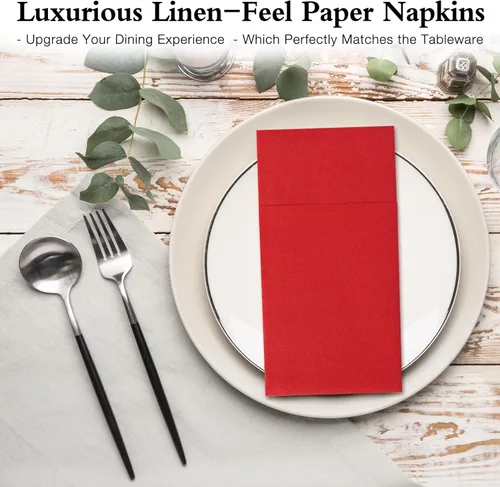 Miniatura 6 de Servilletas rojas desechables con sensación de lino con bolsillo integrado para cubiertos, preplegadas para cuchillos y tenedores, servilletas