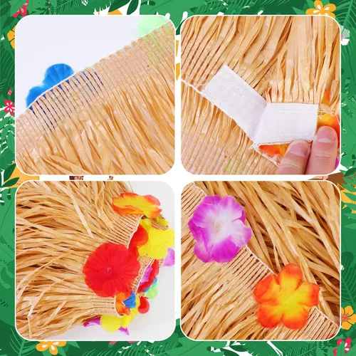 Miniatura 3 de PHOGARY Luau - Falda de mesa de hierba de 9 pies (mejorado) para decoraciones de fiesta hawaiana, flecos de hierba falsa con flores de hibisco