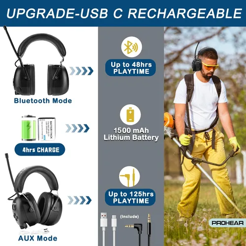 Miniatura 5 de PROHEAR 033 - Auriculares con radio AM/FM Bluetooth 5.4 - Batería recargable USB C de 2000mAh - Auriculares con radio para protección auditiva