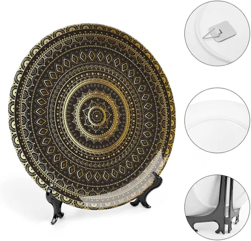 Miniatura 4 de XISUNYA Plato decorativo de 6 pulgadas, porcelana redonda de mandala dorada, plato de exhibición de estampado floral indio oriental para mesa