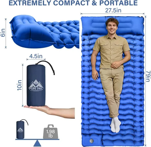 Miniatura 2 de FUN PAC Almohadilla de dormir para acampar con almohada Bomba de pie incorporada Esterilla de dormir inflable compacta para acampar mochilero Azul